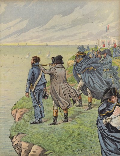 Napoleón Bonaparte inspeccionando su flota mientras parten de Boulogne de Jacques Marie Gaston Onfray de Breville (Job)